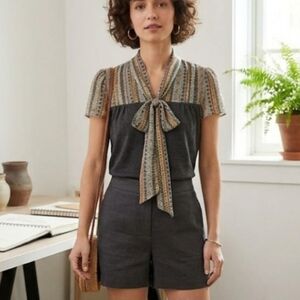 Anthropologie Tiny Gray Base Semi-Sheer Print Sleeve Blouse Size XS